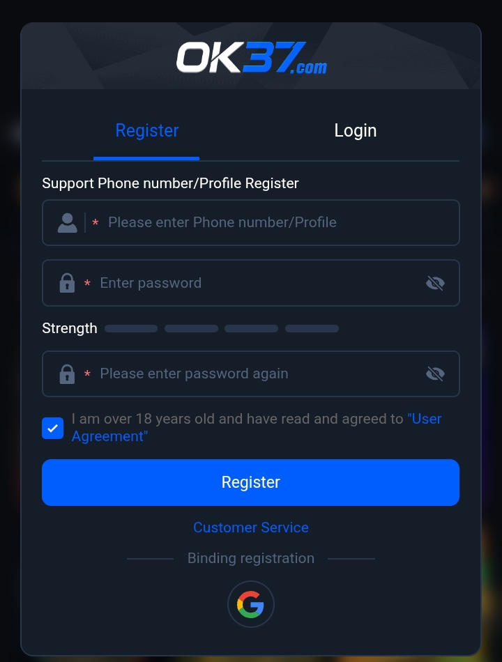OK37 register and login